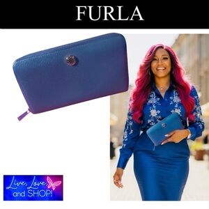 FURLA Blue Leather Zip Around Wallet, Authentic. EUC